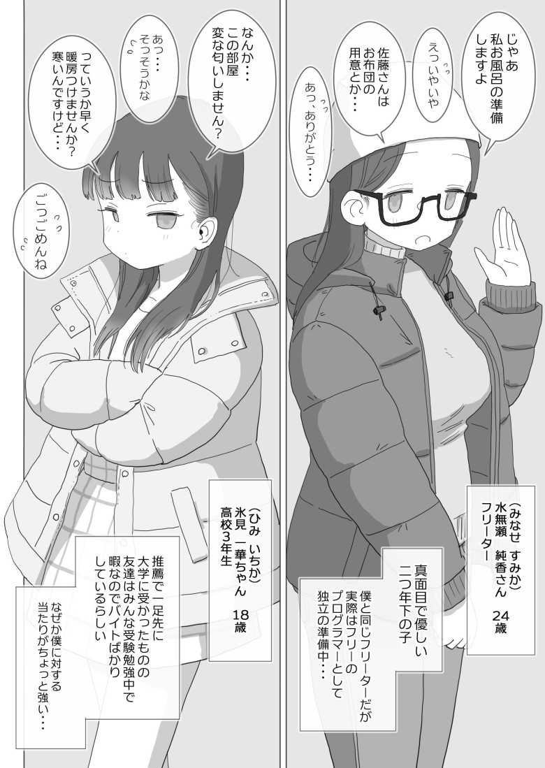 【エロ同人】ある大雪の冷たい夜僕の家の布団の中でバイト先の女の子達が内緒で密着あたためえっちしてくれた。【ひやしまくら】