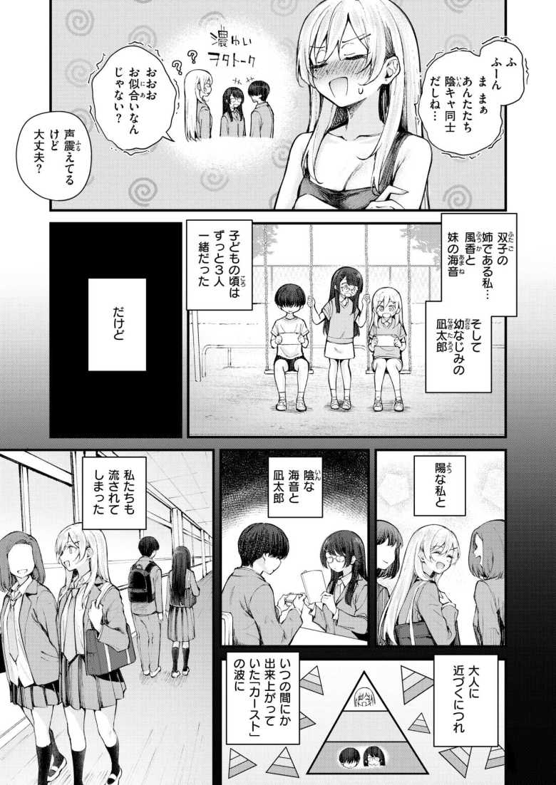 【エロ漫画 はんぶんこ。】陽キャと陰キャ幼馴染姉妹とハーレムえっち【仲町まち】
