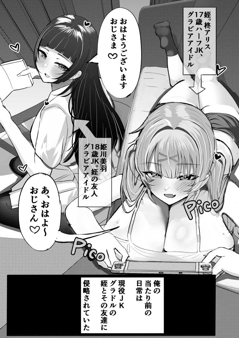 【エロ同人】グラドルの姪たちに煽り散らかされてわからせックス【JKグラビアアイドル姪&その友達とチンイラ「えっちごっこ」しまくる】