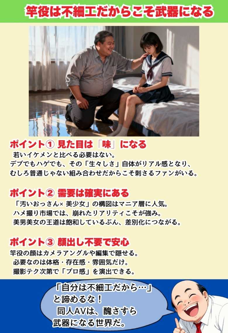 【エロ同人】JKさん「いっぱいヌいてくださいね♥」ハメ撮りの撮影テクニックを講義形式で紹介漫画w【同人AVで月収100万を稼ぐ! ハメ撮り撮影テクニック大全】