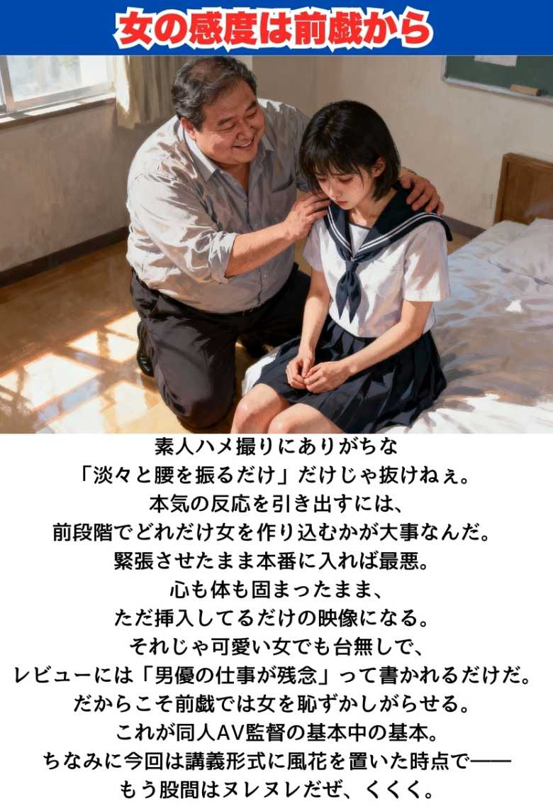 【エロ同人】JKさん「いっぱいヌいてくださいね♥」ハメ撮りの撮影テクニックを講義形式で紹介漫画w【同人AVで月収100万を稼ぐ! ハメ撮り撮影テクニック大全】