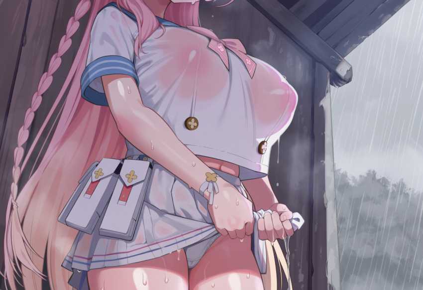 【画像】雨宿り中に隣にいた男子にムラついてお持ち帰りしてしまう巨乳ピンクJKさん