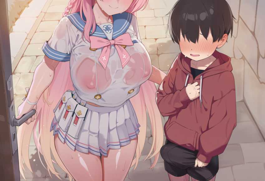 【画像】雨宿り中に隣にいた男子にムラついてお持ち帰りしてしまう巨乳ピンクJKさん