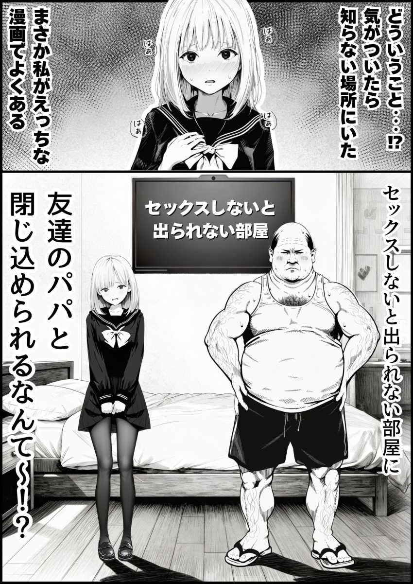 【エロ同人】おじさん「ほえ～、綺麗なパイおつだべ♥」【セックスしないと出られない部屋に親友のパパと閉じ込められたんですけど〜！？】