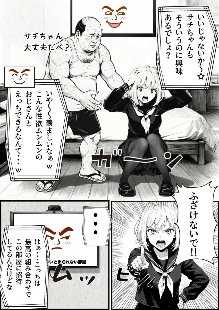 【エロ同人】おじさん「ほえ～、綺麗なパイおつだべ♥」【セックスしないと出られない部屋に親友のパパと閉じ込められたんですけど〜！？】