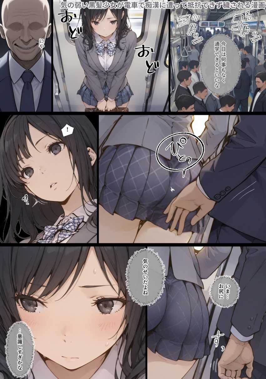 【エロ漫画】JKさん「触られちゃってる…っ」抵抗できないJKさんが痴●されてしまう【気の弱い黒髪少女が電車で痴●に遭って抵抗できず穢される漫画の詳細】