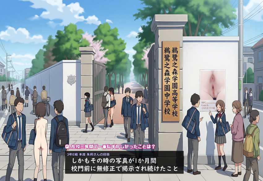 【画像】JKさん「ずーっとアソコ見てくる人はちょっと嫌ですよね…」常識改変され全裸で校内行事がある学校