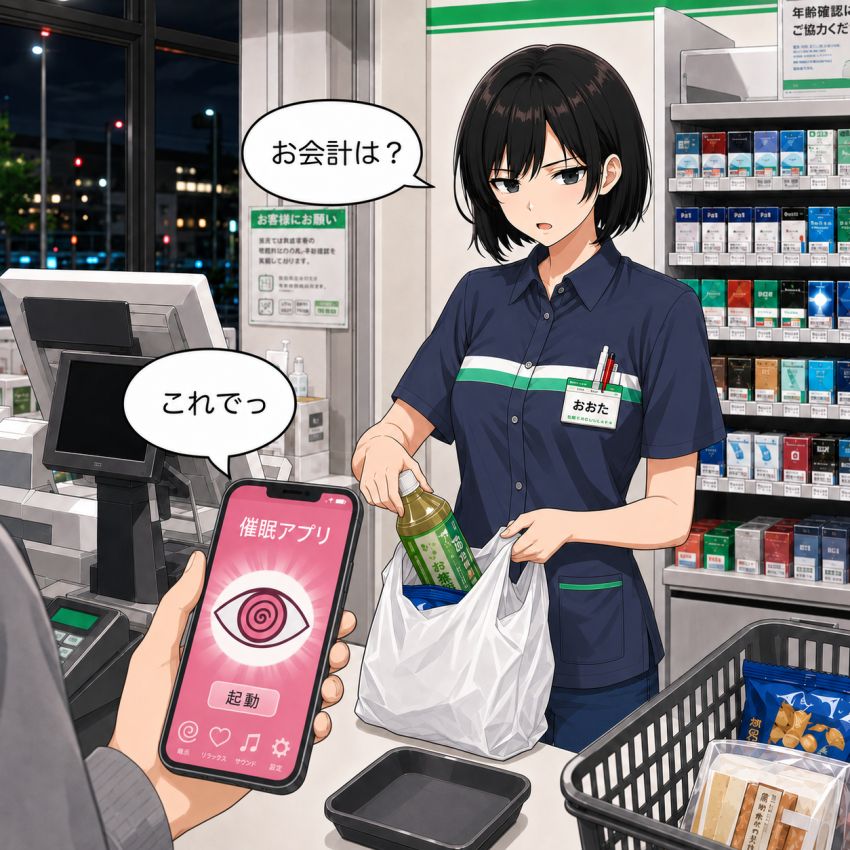 【画像】女さん「準備しますので少々お待ちください…」コンビニの支払いを催眠アプリで会計してみた