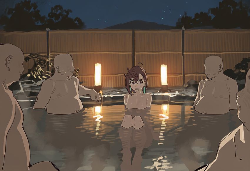 【画像】一人温泉で温まっていたら入り込んできたおっさん連中にマワされてしまうJKさん【ダンダダン】